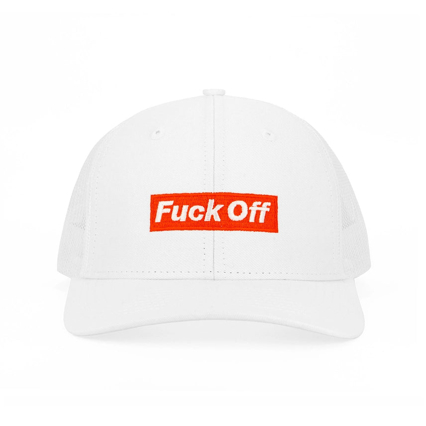 Fuck Off Trucker Hat Adult Humor White Unisex Embroider Design in Red