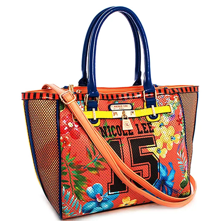 Nicole Lee Floral Satchel with Long Strap, Coral Women Bag