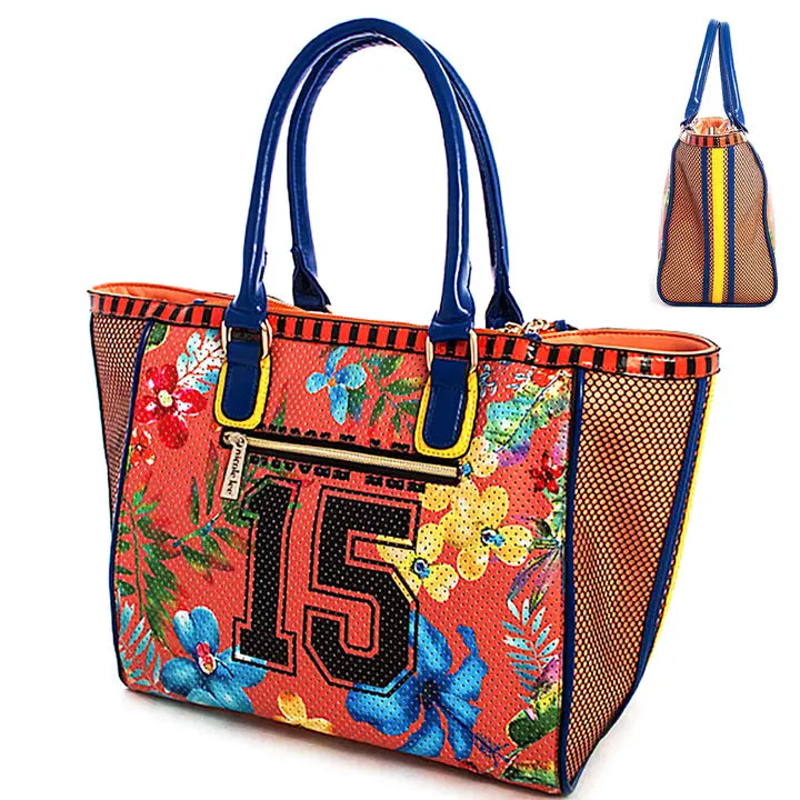 Nicole Lee Floral Satchel with Long Strap, Coral Women Bag