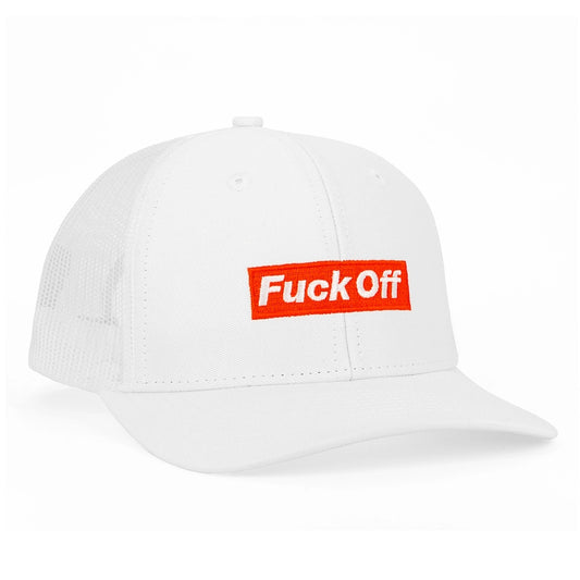 Fuck Off Trucker Hat Adult Humor White Unisex Embroider Design in Red