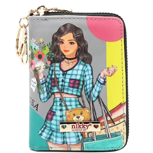 Colorful wallet with a character design and 'nikky' branding on a white background