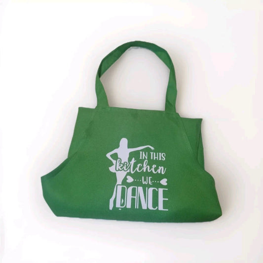 Green Women Apron with Vinyl design in this kitchen we dance on white.  